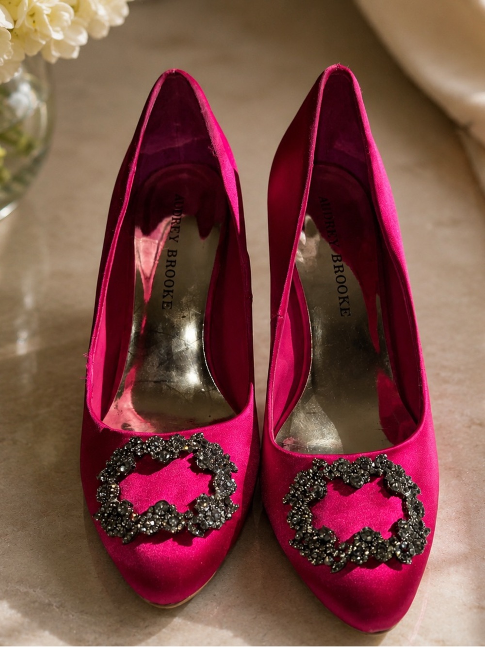 Audrey Brooke Hot Pink Satin Pointed-Toe Pumps with Crystal Buckle